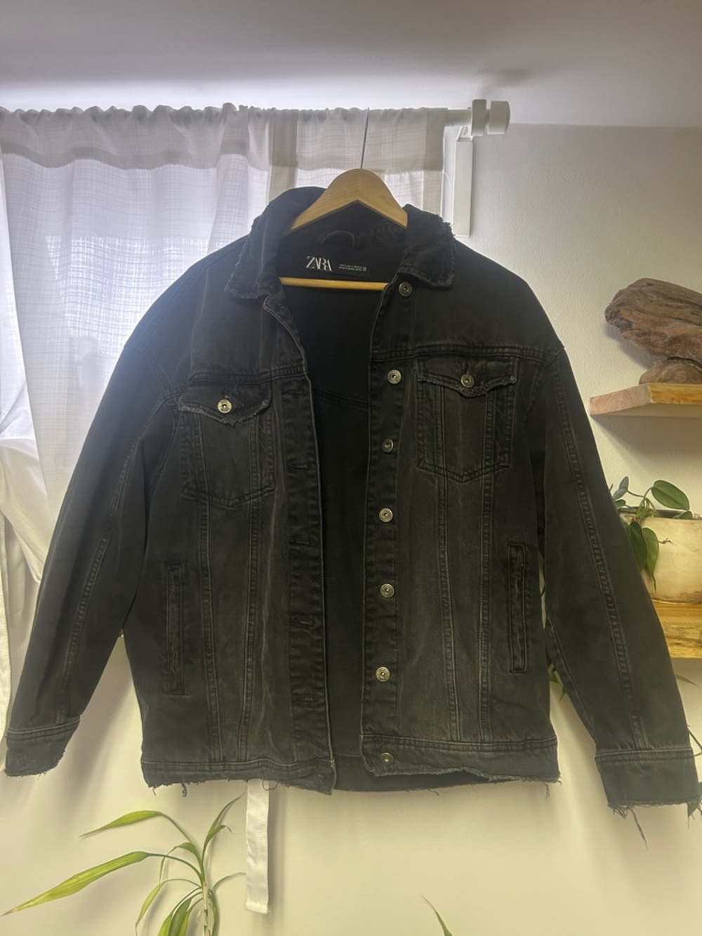 Zara Washed Black Denim Jacket with Shearling Collar